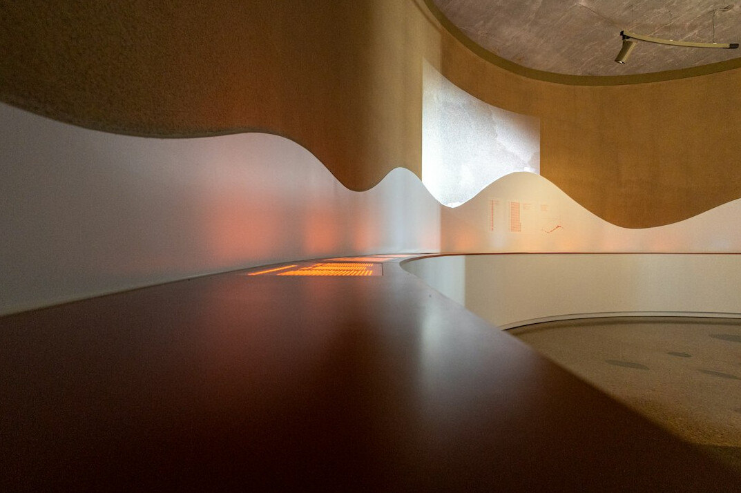 Modern office reception desk with warm lighting