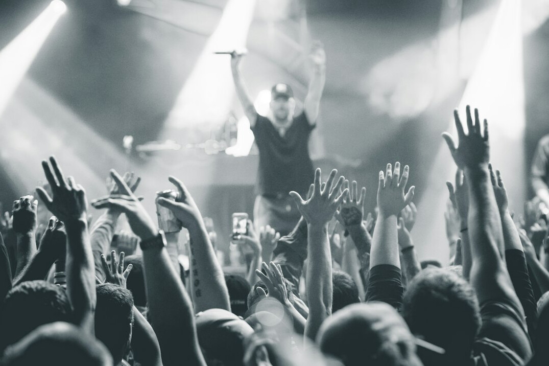Excited crowd with raised hands at a live music event