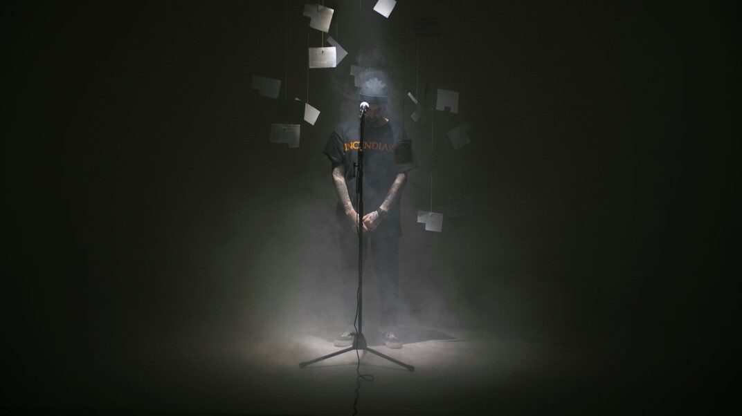 Interview set with microphone and soft studio lighting